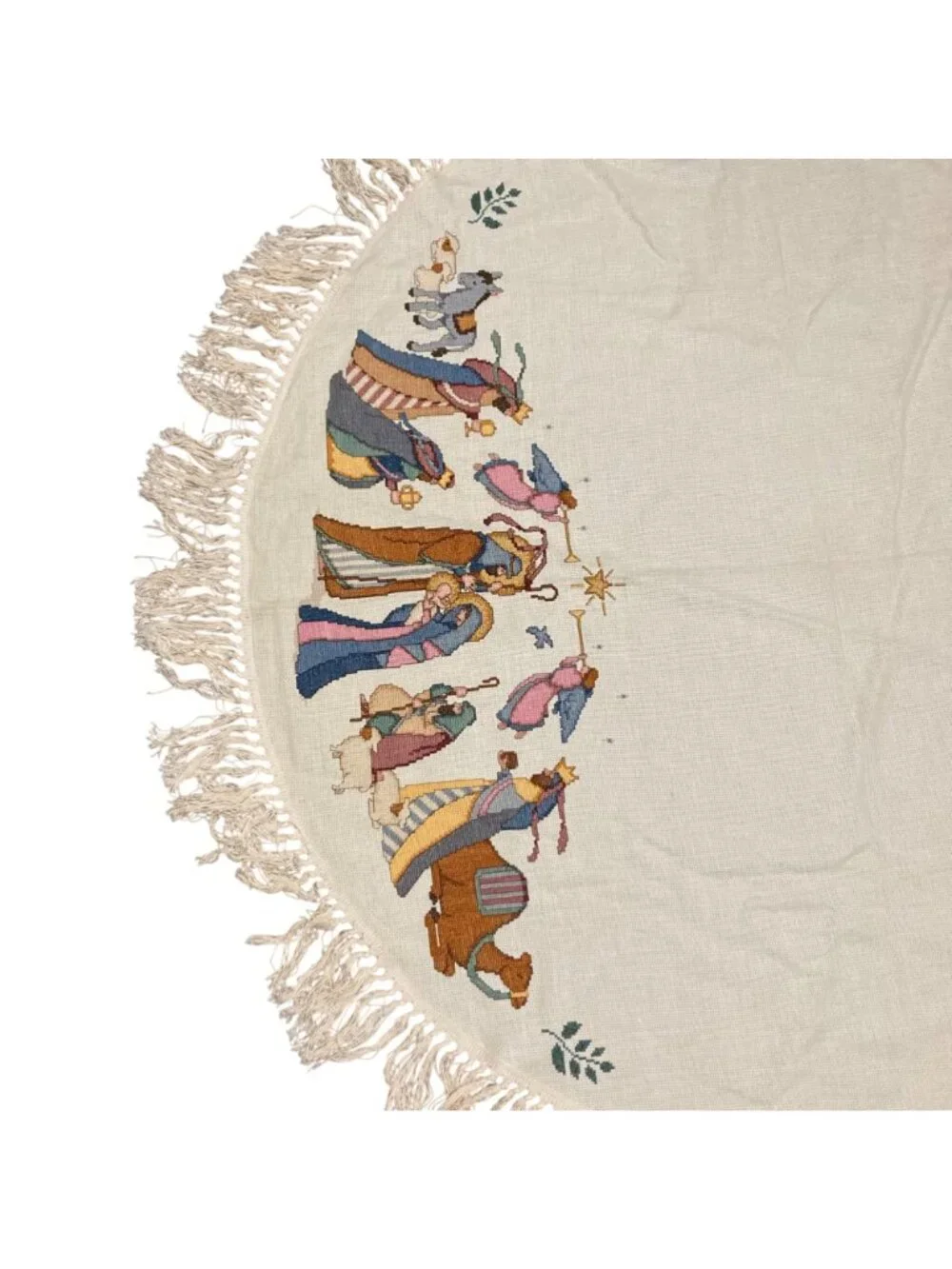 Vintage Christmas Nativity-Themed Round Completed Cross-Stitch Tablecloth